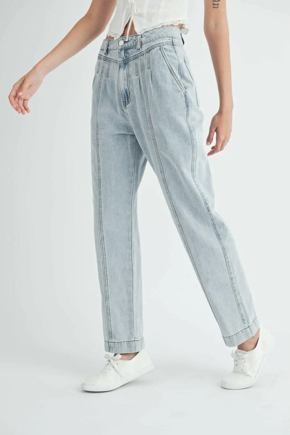 MABLE Pleated Front Detail Straight Jeans - Love Salve